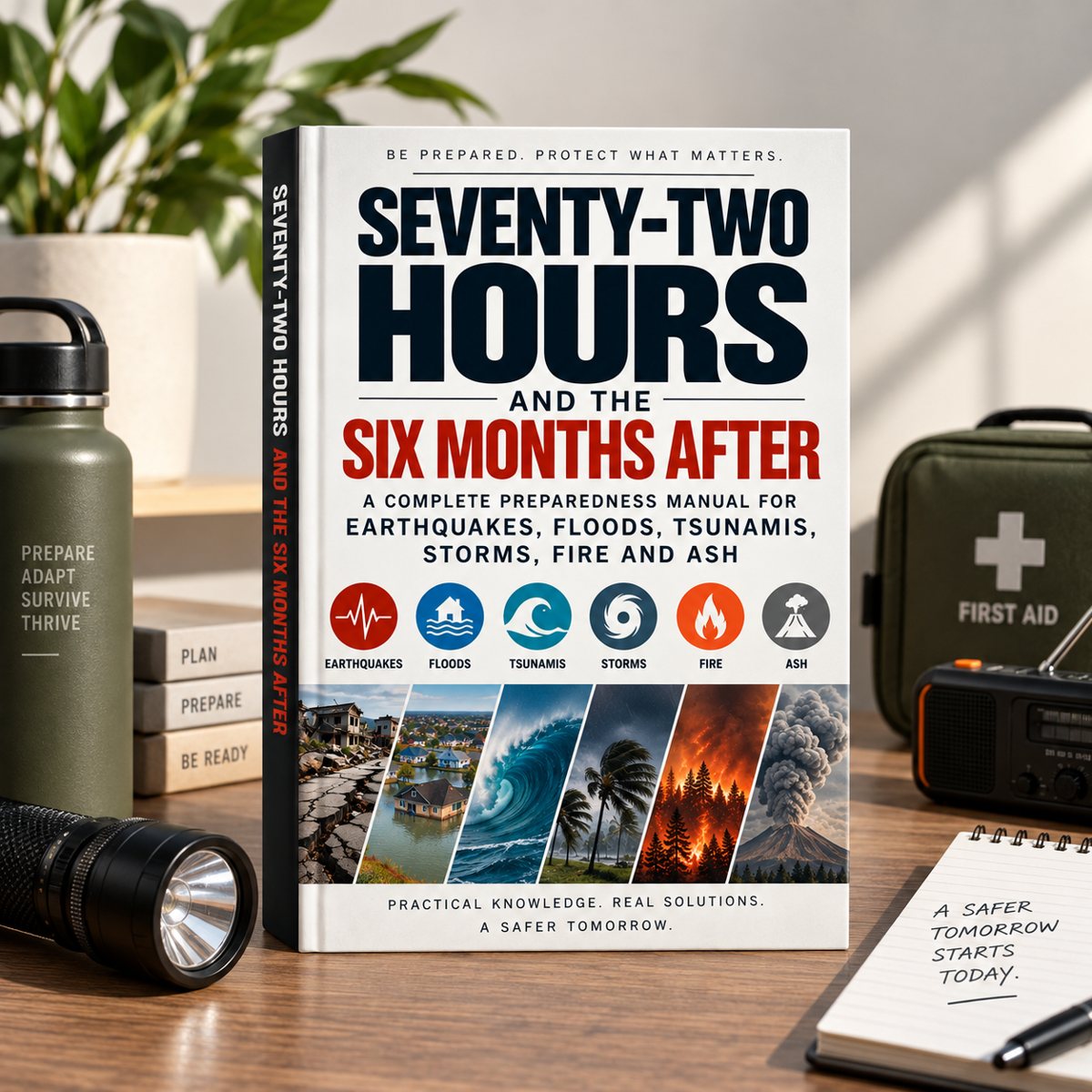 The manual on a desk beside a torch, a water bottle, a first aid kit and an emergency radio